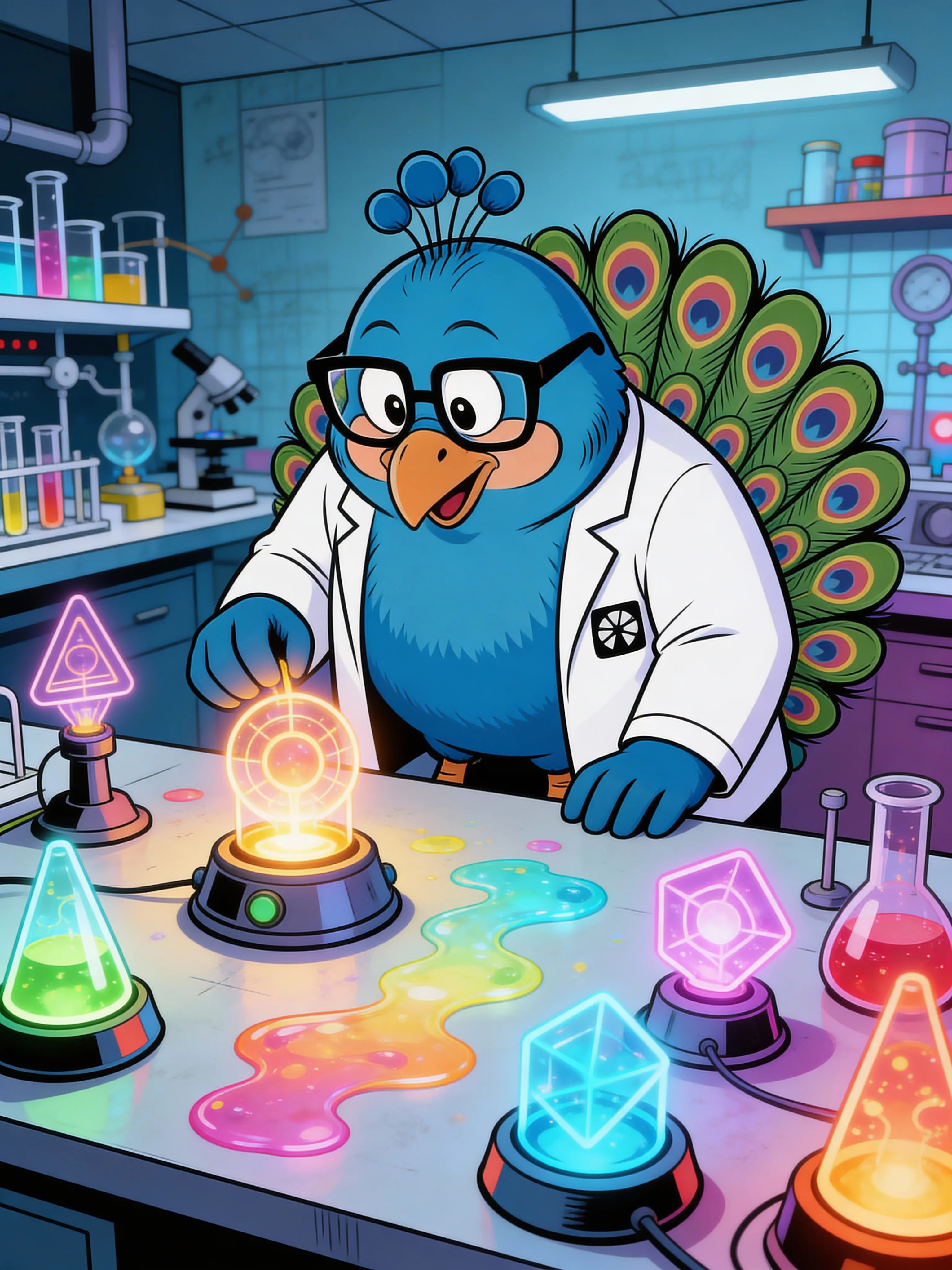 Brandon the bird scientist in his lab, surrounded by brand color specimens and logo samples